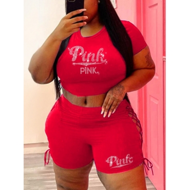 

LW Plus Size Rhinestone Pink Letter Bandage Design Shorts Set, Red