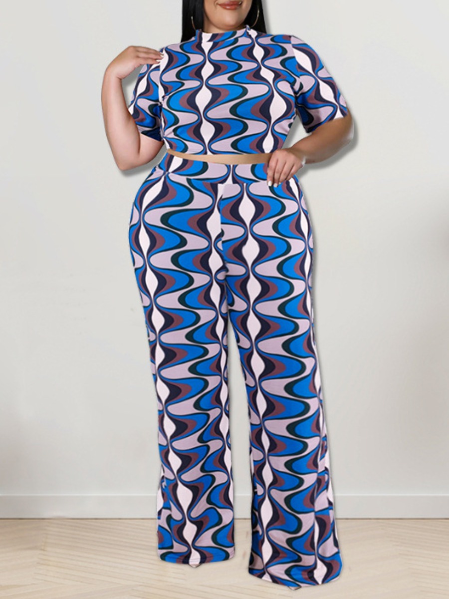 

LW Plus Size Colorful Twist Print Wide Leg Pants Set, Blue