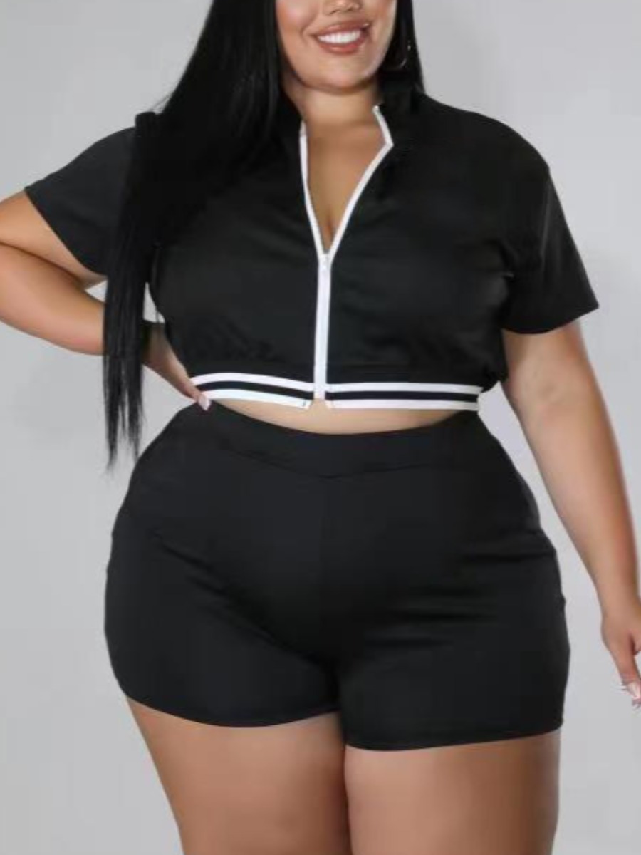 

LW Plus Size Crop Top Stretchy Shorts Set, Black