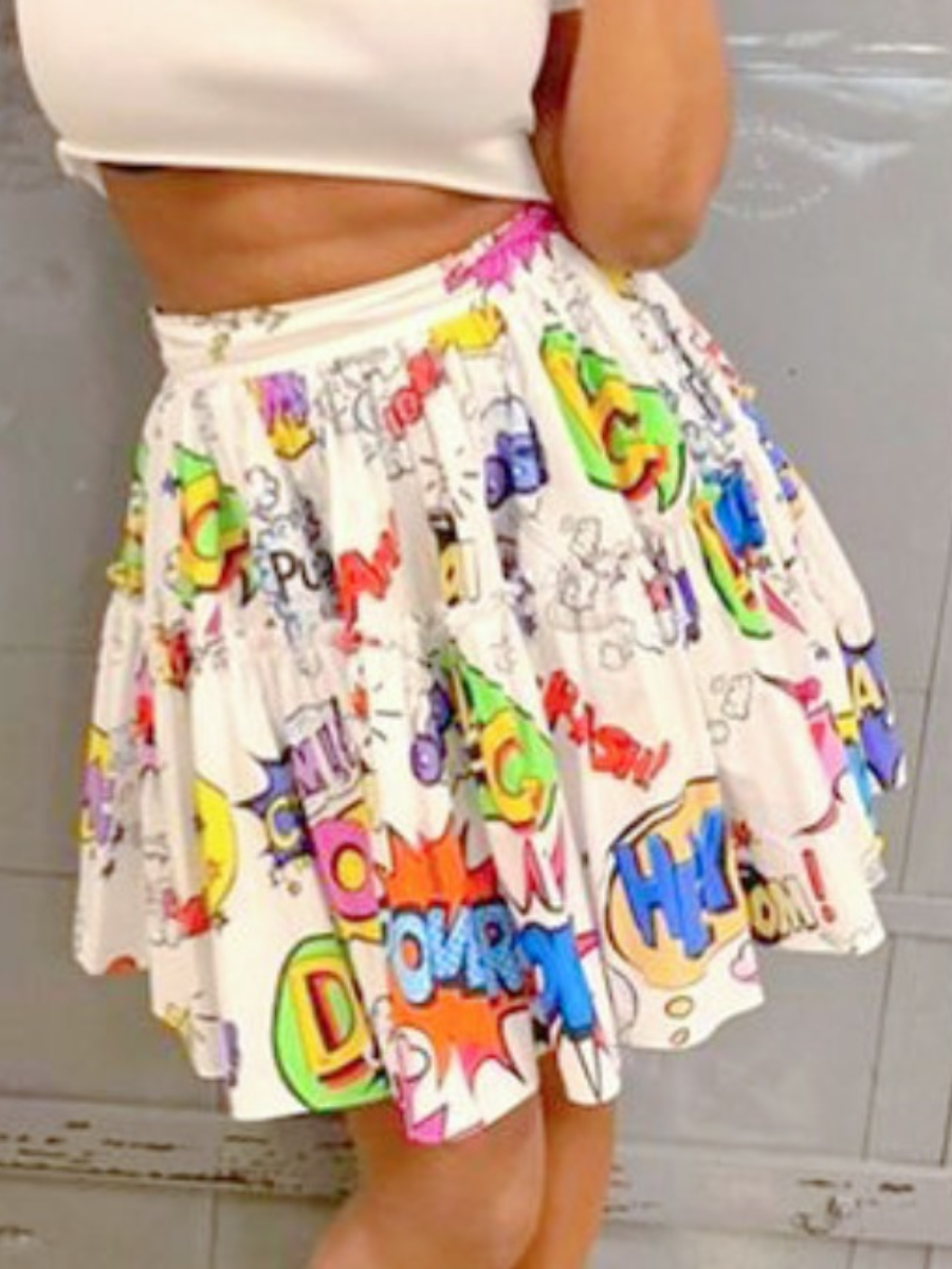 

LW Cartoon Letter Print Flounce Design Skirt, Multi