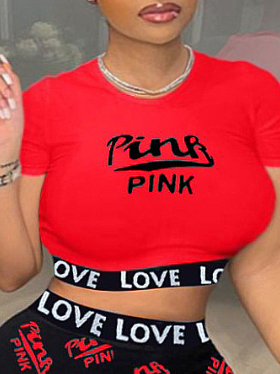 

LW Plus Size Crop Top Love Letter Print T-shirt, Red