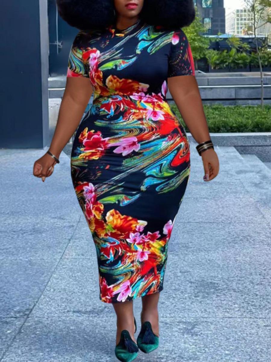 

LW SXY Plus Size Floral Print Bodycon Dress, Red