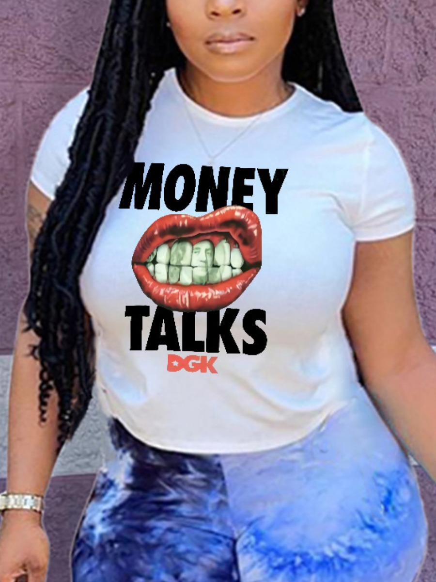 

LW Plus Size Money Letter Lip Print T-shirt, White