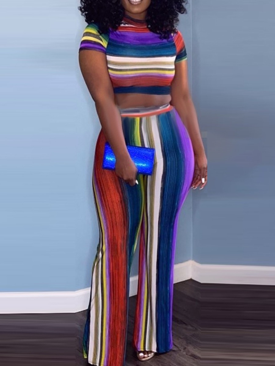 

LW COTTON Crop Top Gradient Striped Pants Set, Multicolor mstn
