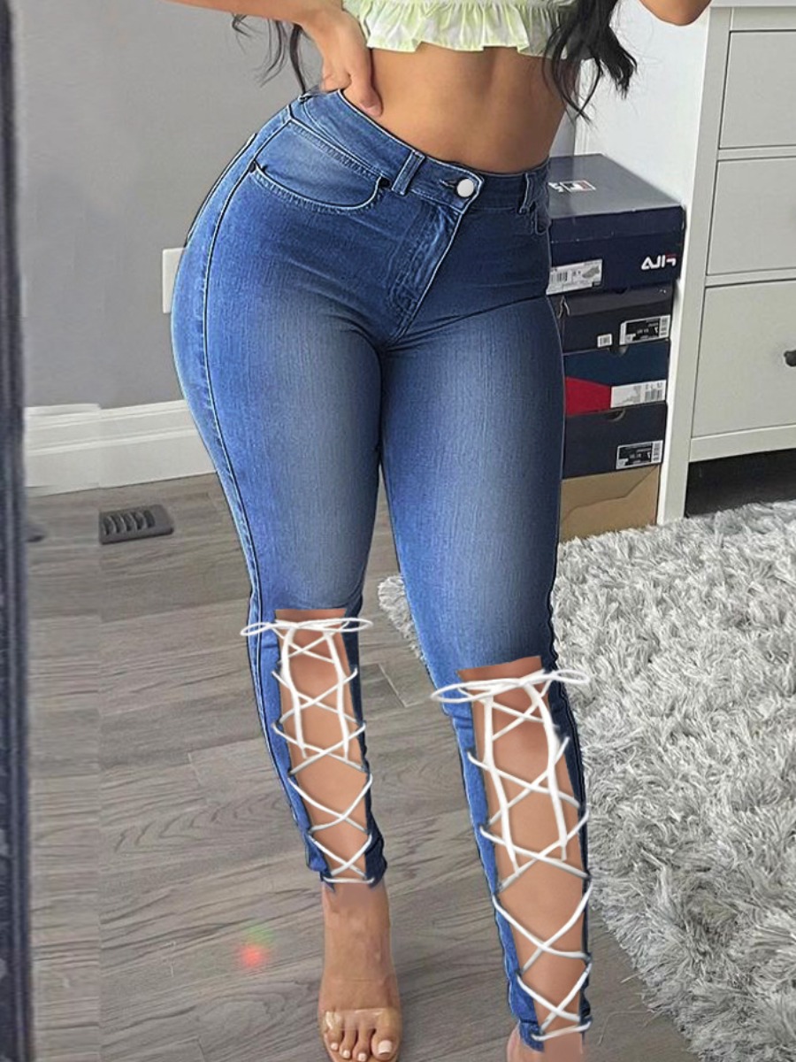 

LW Split Bandage Design Medium Stretchy Jeans, Blue
