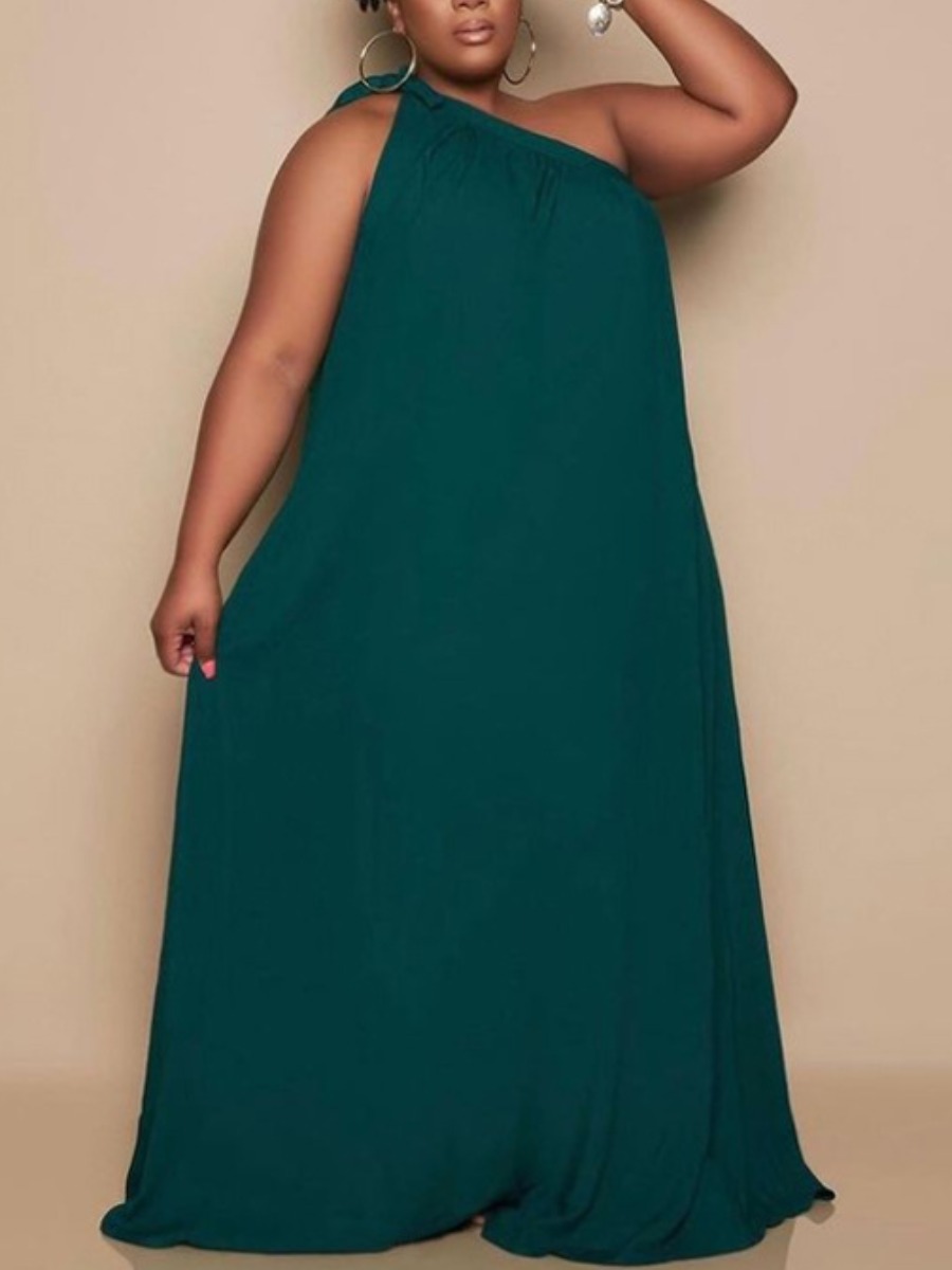 

LW BASICS Plus Size One Shoulder Loose Dress, Black green