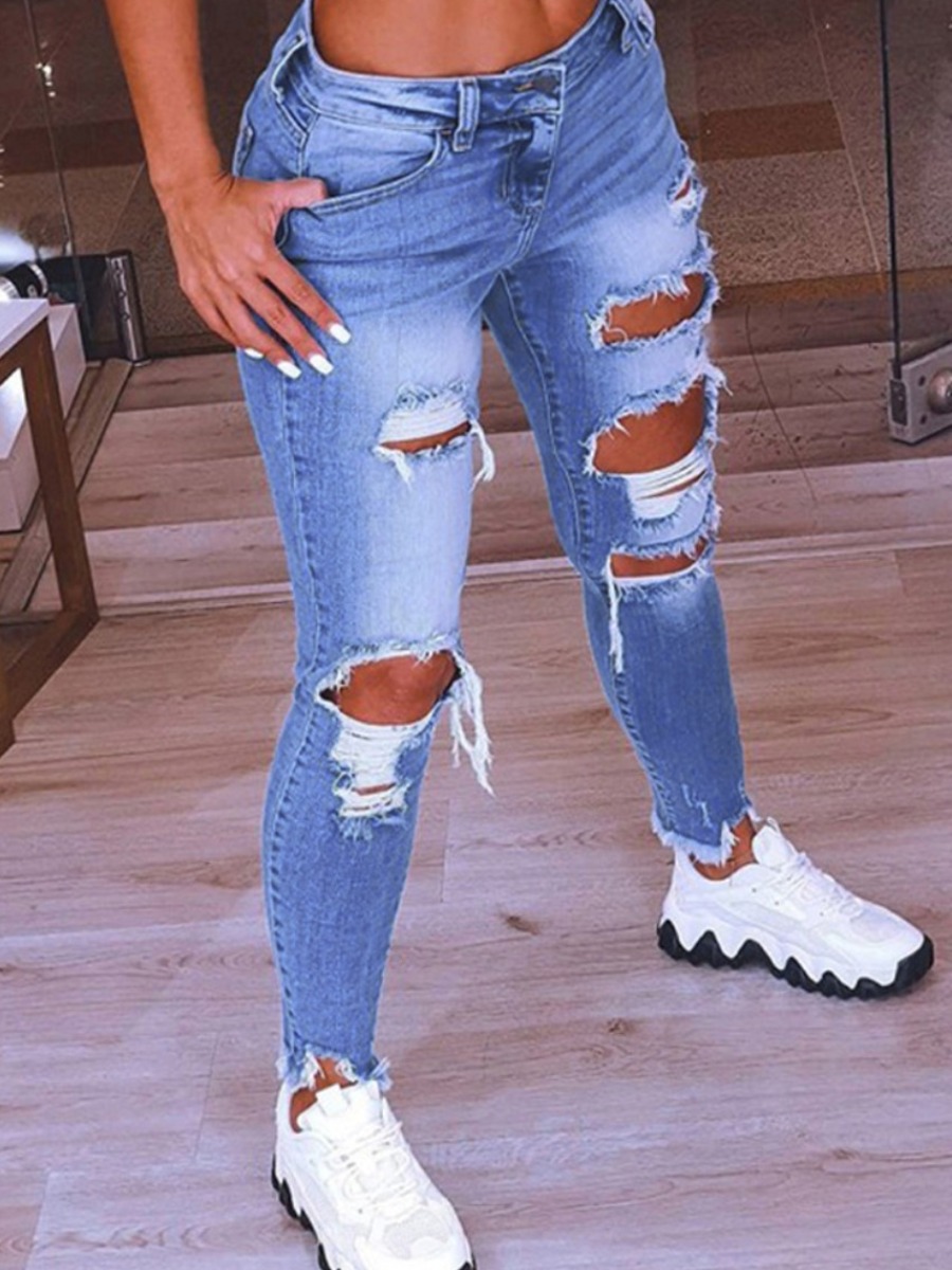 

LW Ripped High Stretchy Jeans, Baby blue