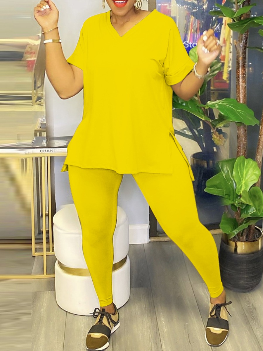 

LW Plus Size V Neck Split Pants Set, Yellow