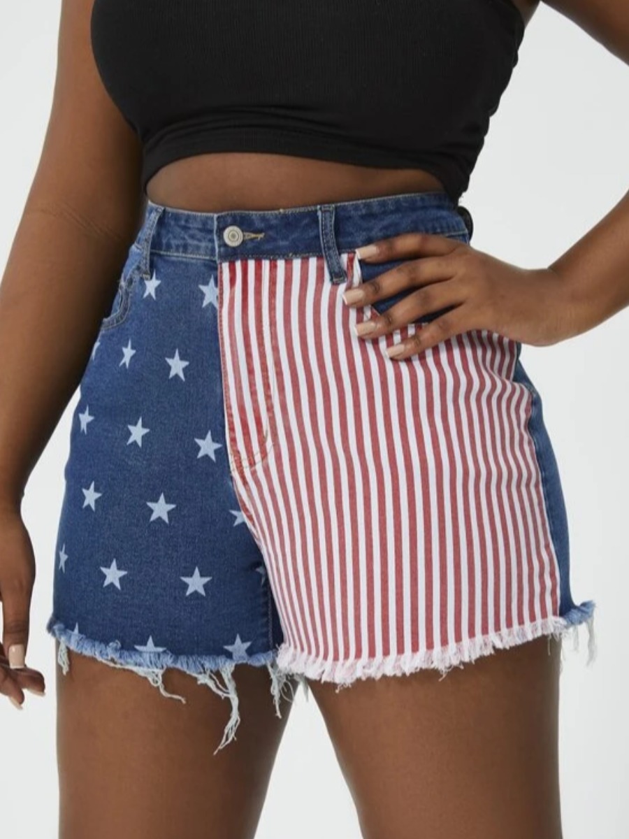 

LW Plus Size Mid-Waist American Flag Raw Edge High Stretchy Denim Shorts, Blue