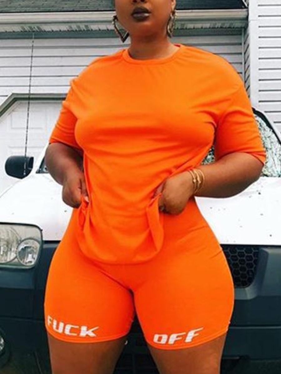 

LW Plus Size Round Neck Letter Print Shorts Set, Orange