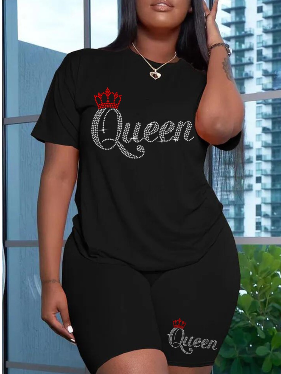 

LW BASICS Rhinestone Queen Crown Shorts Set, Black