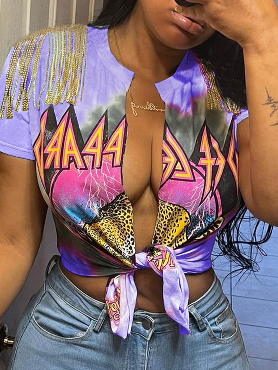 LW Letter Print Split Tassel Lace-up Design T-shirt