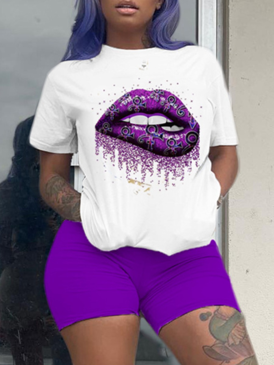 

LW Plus Size Letter Lip Print Shorts Set, Purple