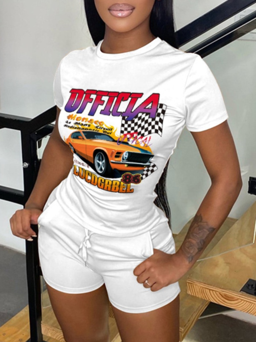 

LW Plus Size Racing Car Letter Print Shorts Set, White