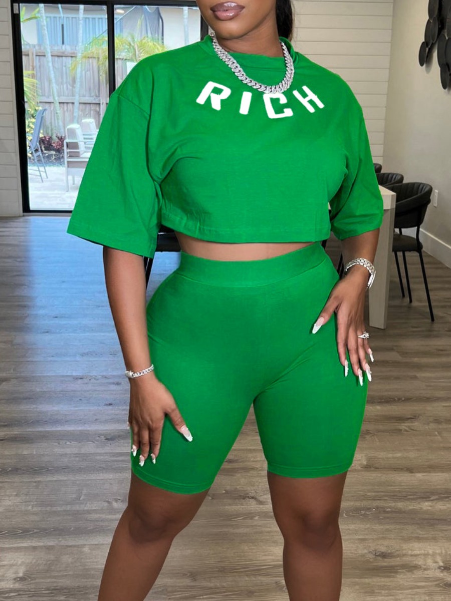 

LW BASICS Crop Top Letter Print Shorts Set, Green