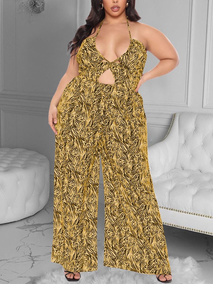 

LW SXY Plus Size Backless Print Wide Leg Jumpsuit, Yellow