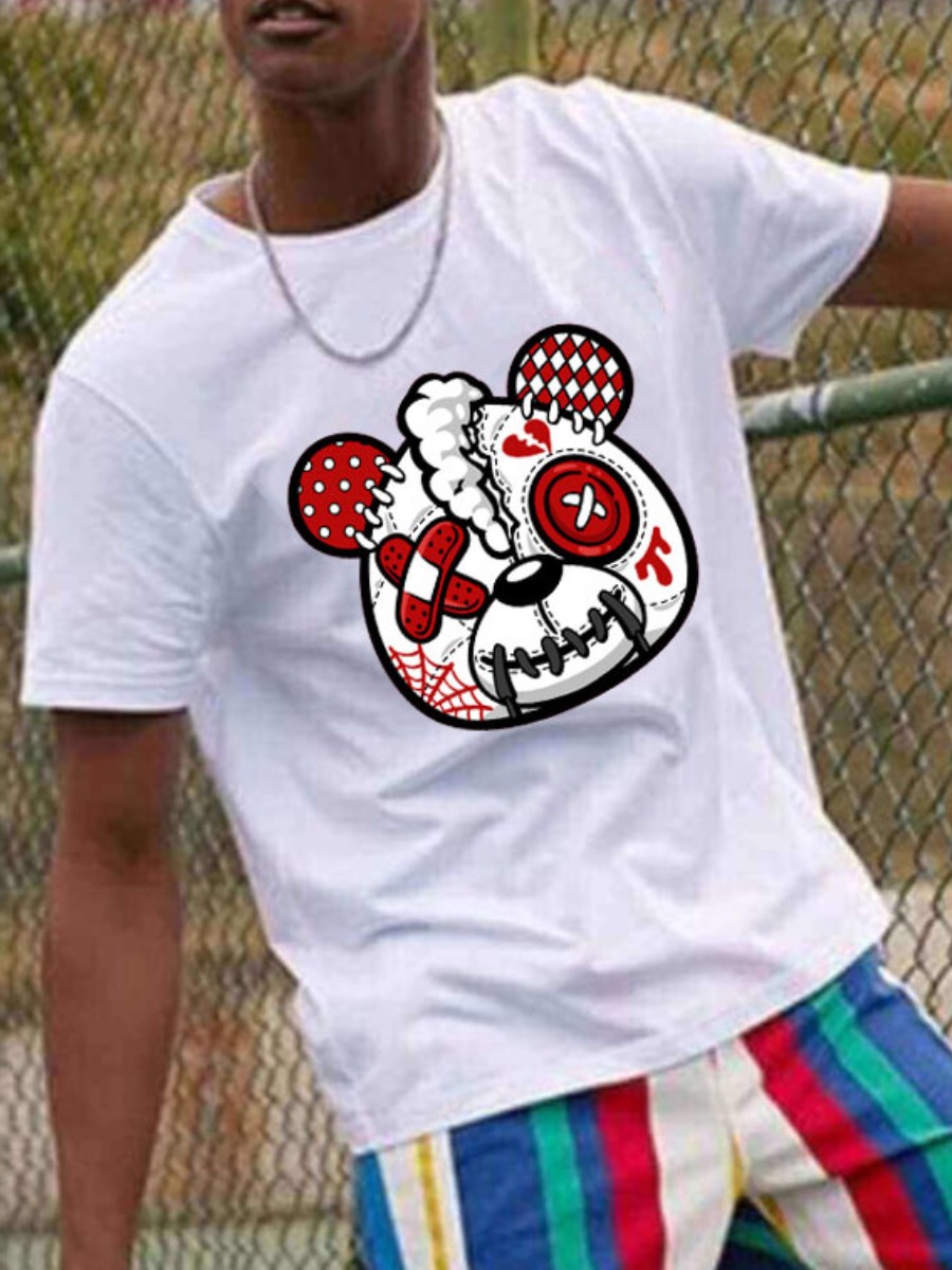 

LW Men Round Neck Cartoon Print T-shirt, White