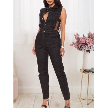 

LW Zipper Design Cut Out Low Stretchy Denim Jumpsuit, Black