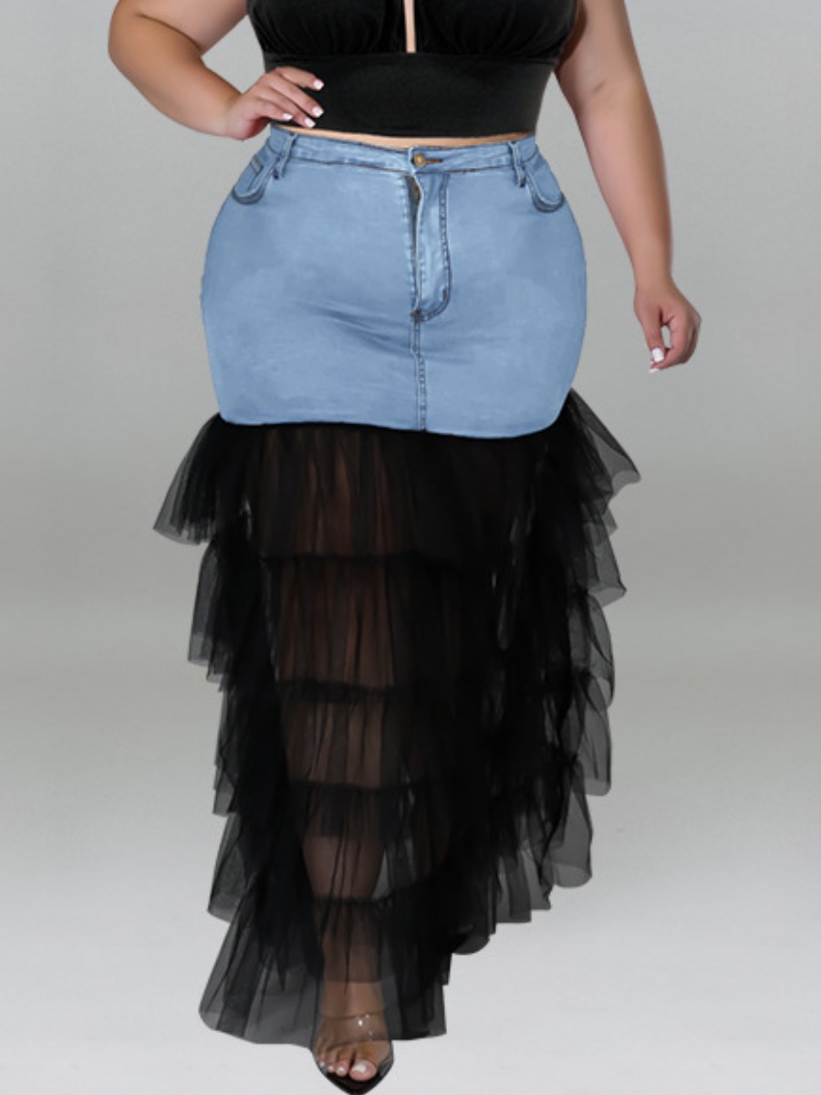 

LW Plus Size Lace Patchwork Layered Cascading See-through Denim Skirt, Baby blue