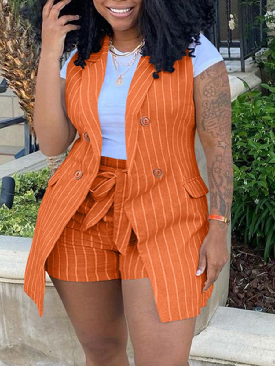 LW Plus Size Striped Bandage Design Blazer Shorts Set (Without T-shirt)