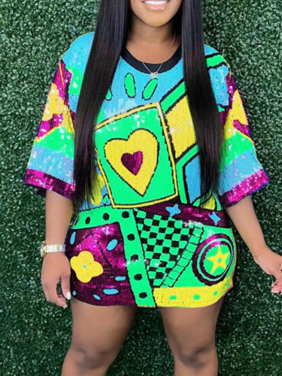 LovelyWholesale Plaid Geometric Print Sequined Dress Summer Half Sleeve Street Sequin Round Neck Spring Summer 2024