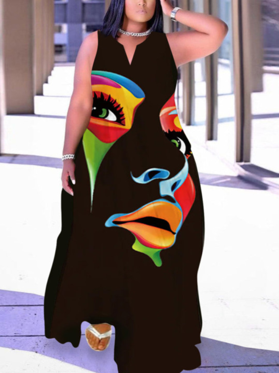 LovelyWholesale Plus Size Figure Print Cami Loose Dress Summer Sleeveless Casual Basic V Neck  5X Spring Summer 2024