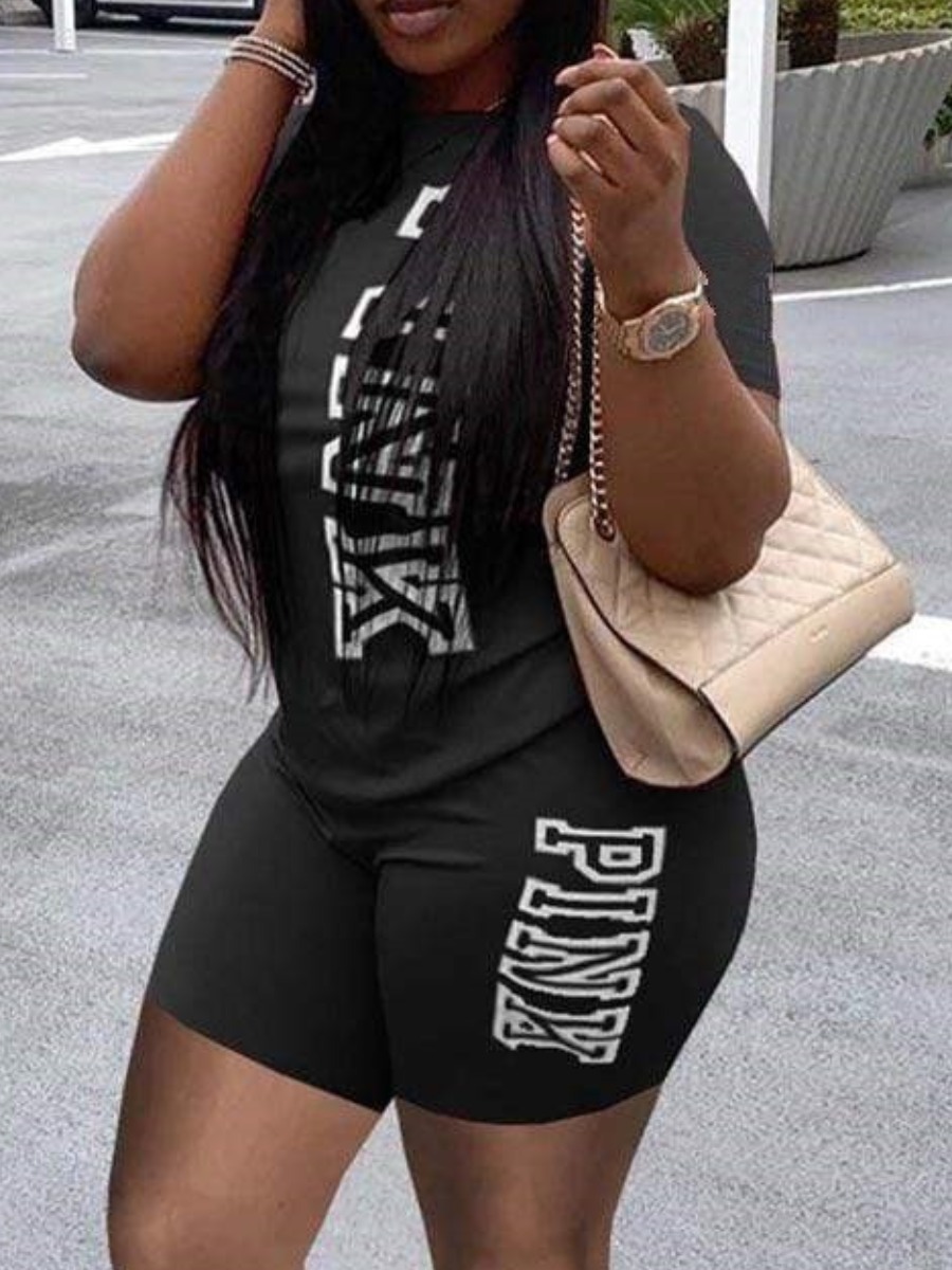 LW Plus Size Pink Letter Shorts Set