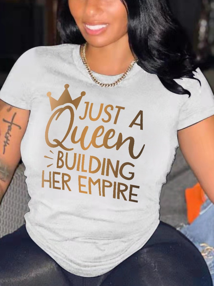 LovelyWholesale Queen Crown Letter Print T-shirt Summer Short Sleeve Casual Queen Round Neck Spring Summer 2024