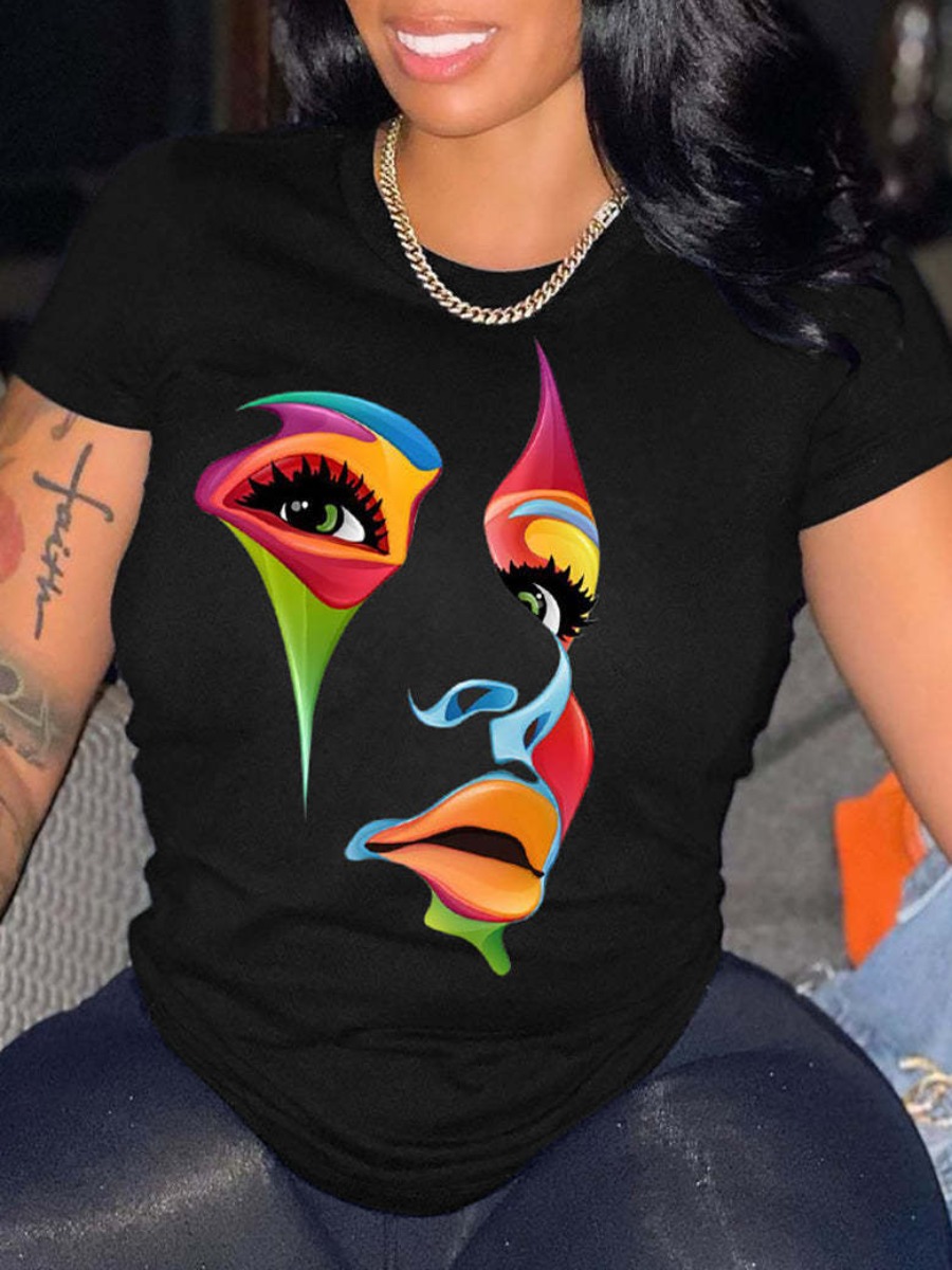 LovelyWholesale Plus Size Mixed Figure Print T-shirt Summer Short Sleeve Casual Round Neck  5X Spring Summer 2024