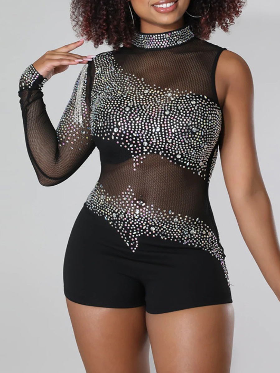 LW SXY One Sleeve Rhinestone See-through Romper