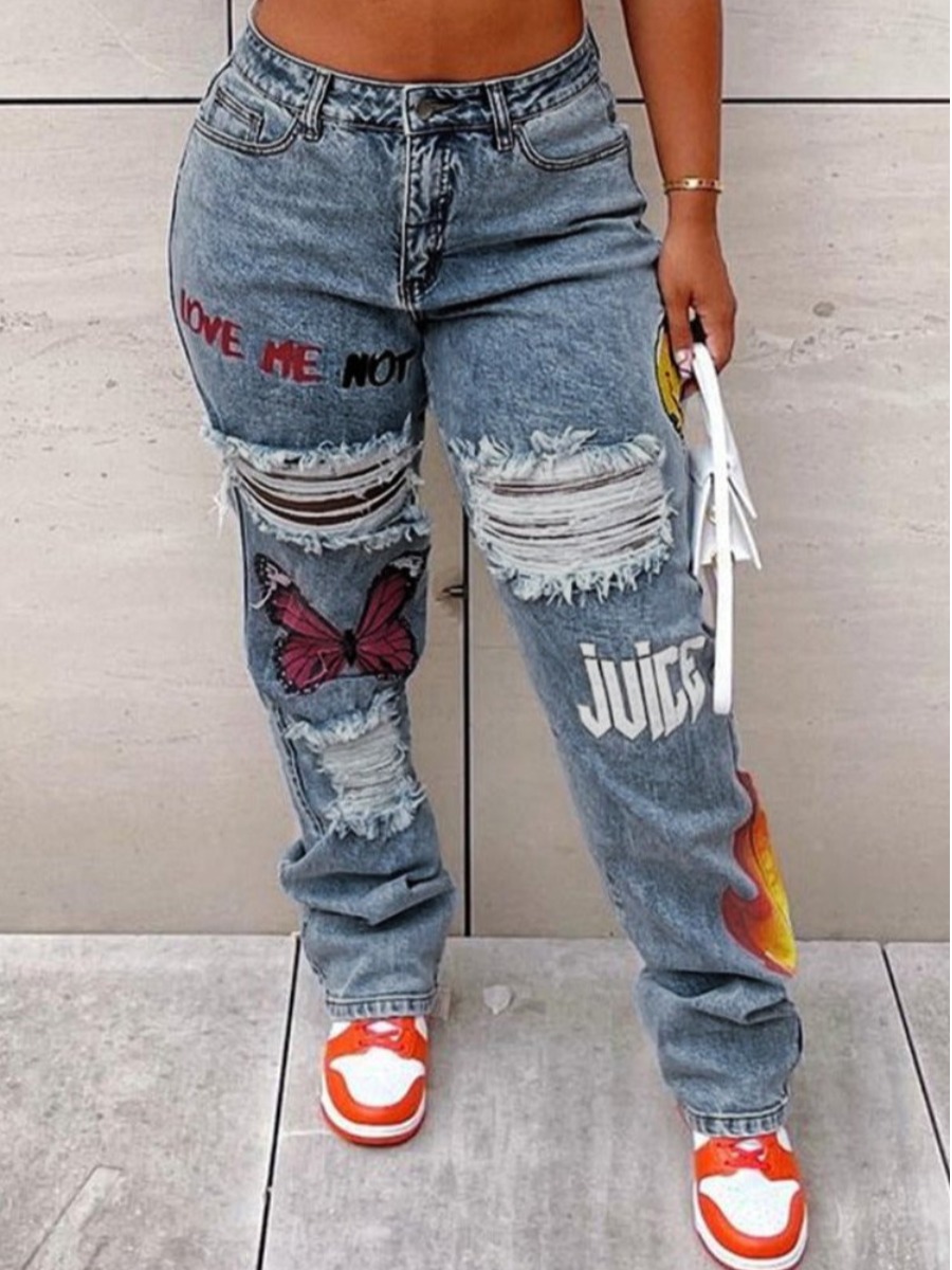 LW Plus Size Butterfly Letter Print Ripped Jeans