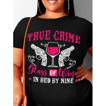 

LW Plus Size Wine Glass Letter Print T-shirt, Black