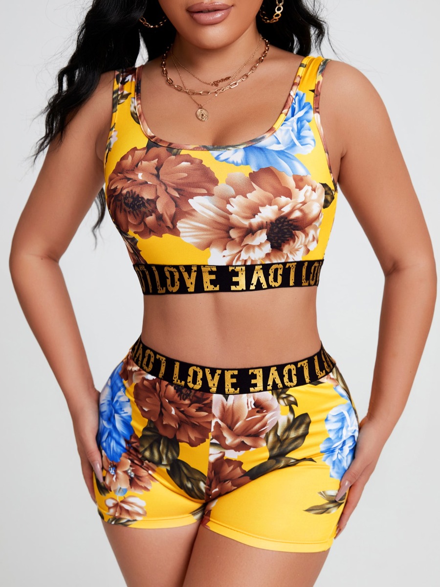 LW Crop Top Floral Letter Print Shorts Set