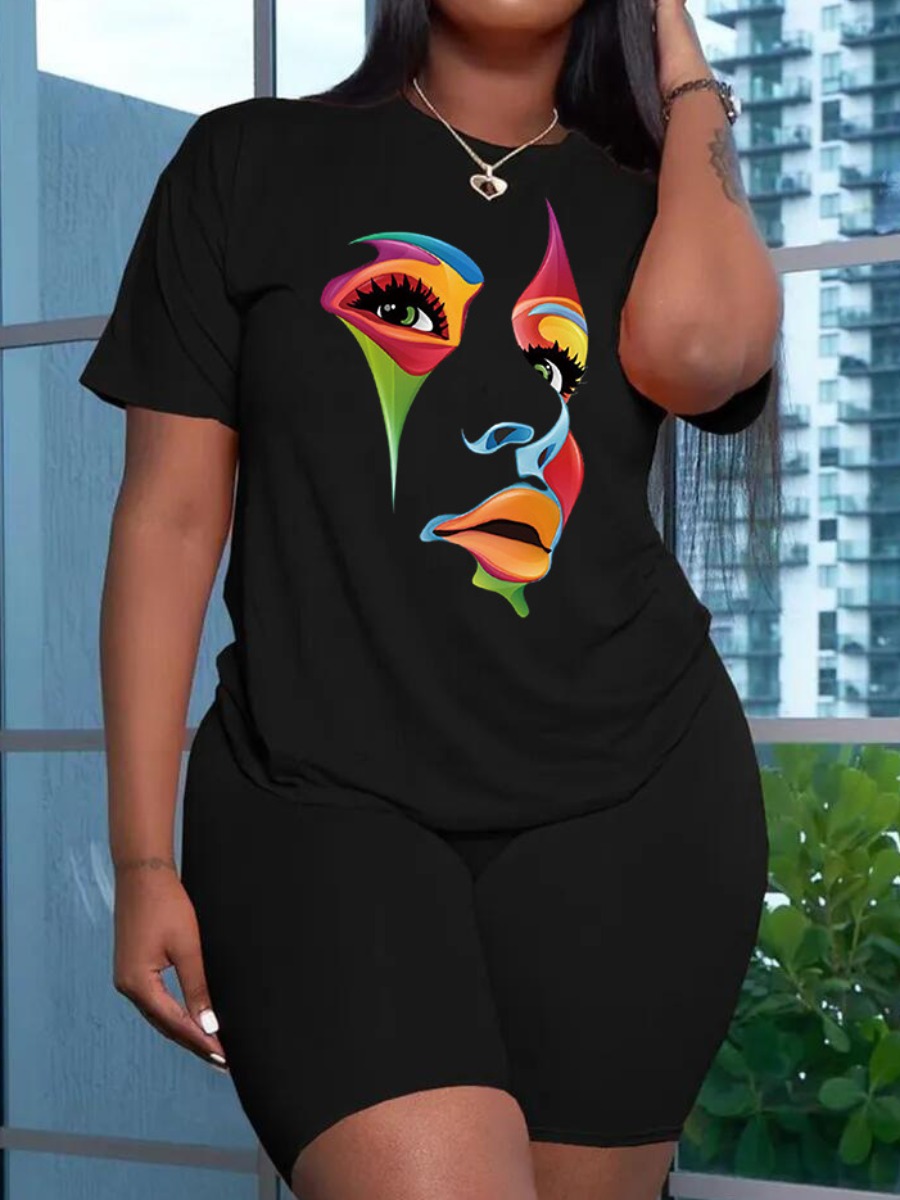 LW Plus Size Figure Print Patchwork Shorts Set
