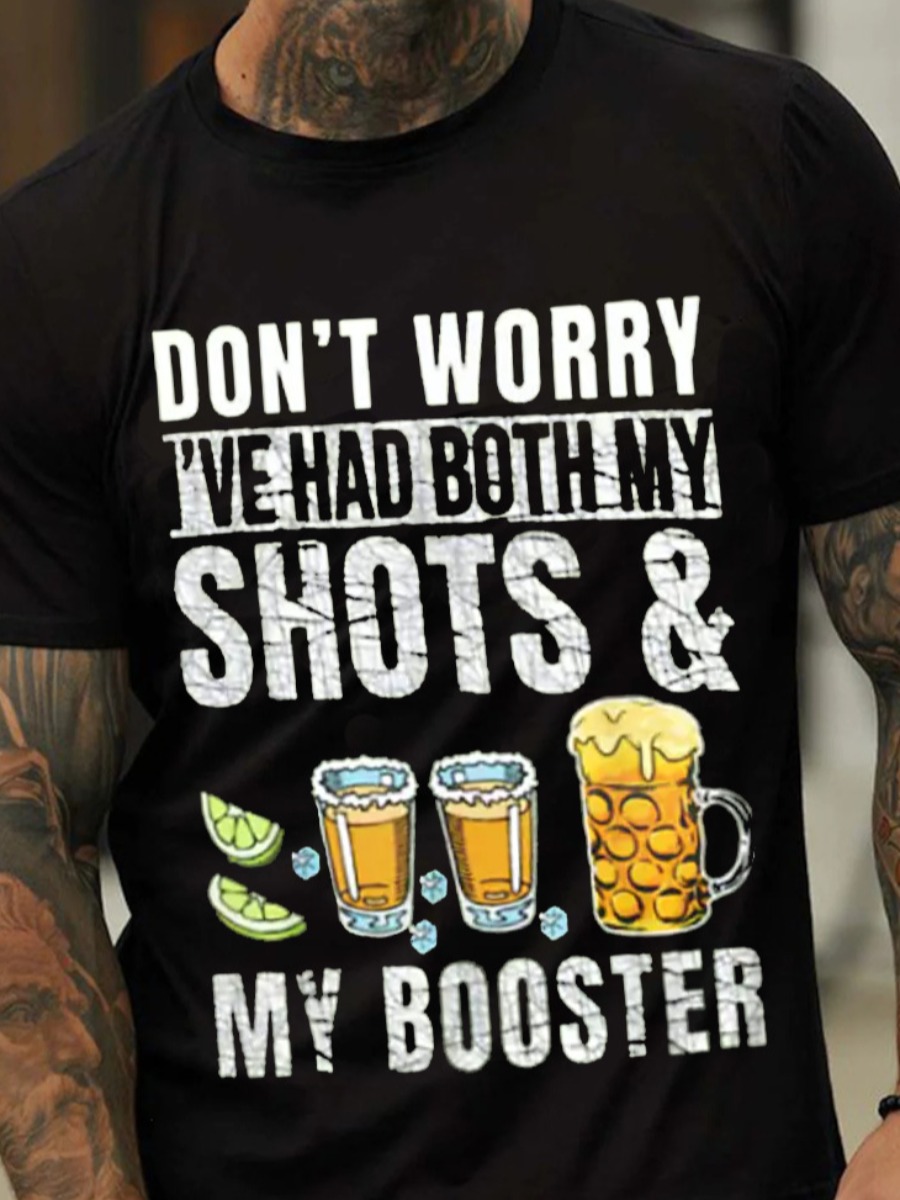 LovelyWholesale Men Shots Booster Letter Print T-shirt Summer Short Sleeve Casual Solid Color Round Neck Spring Summer 2024