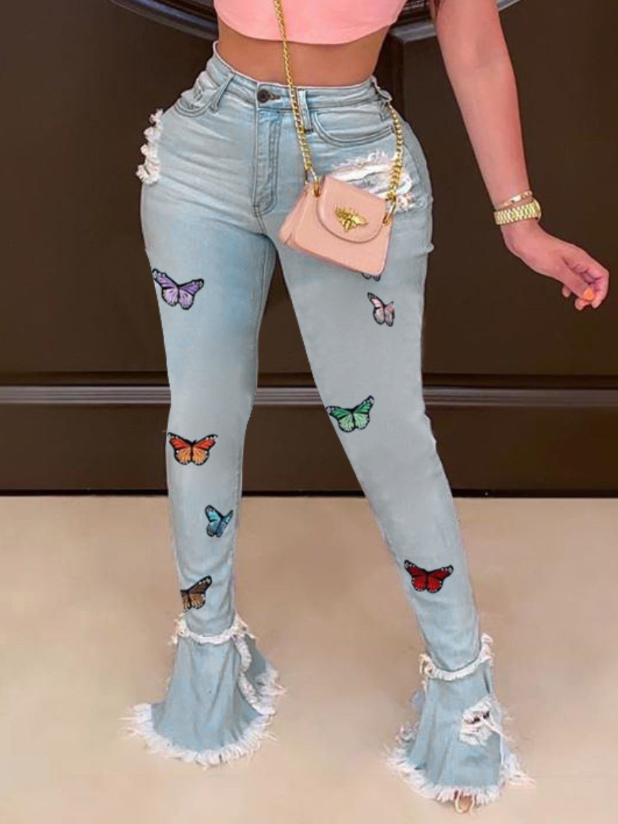 LovelyWholesale Butterfly Print Ripped Flared Jeans Spring|Fall Street Spring Summer 2024