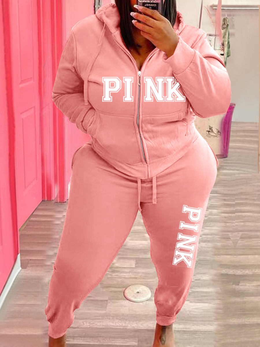 LW Plus Size Pink Letter Print Tracksuit Set