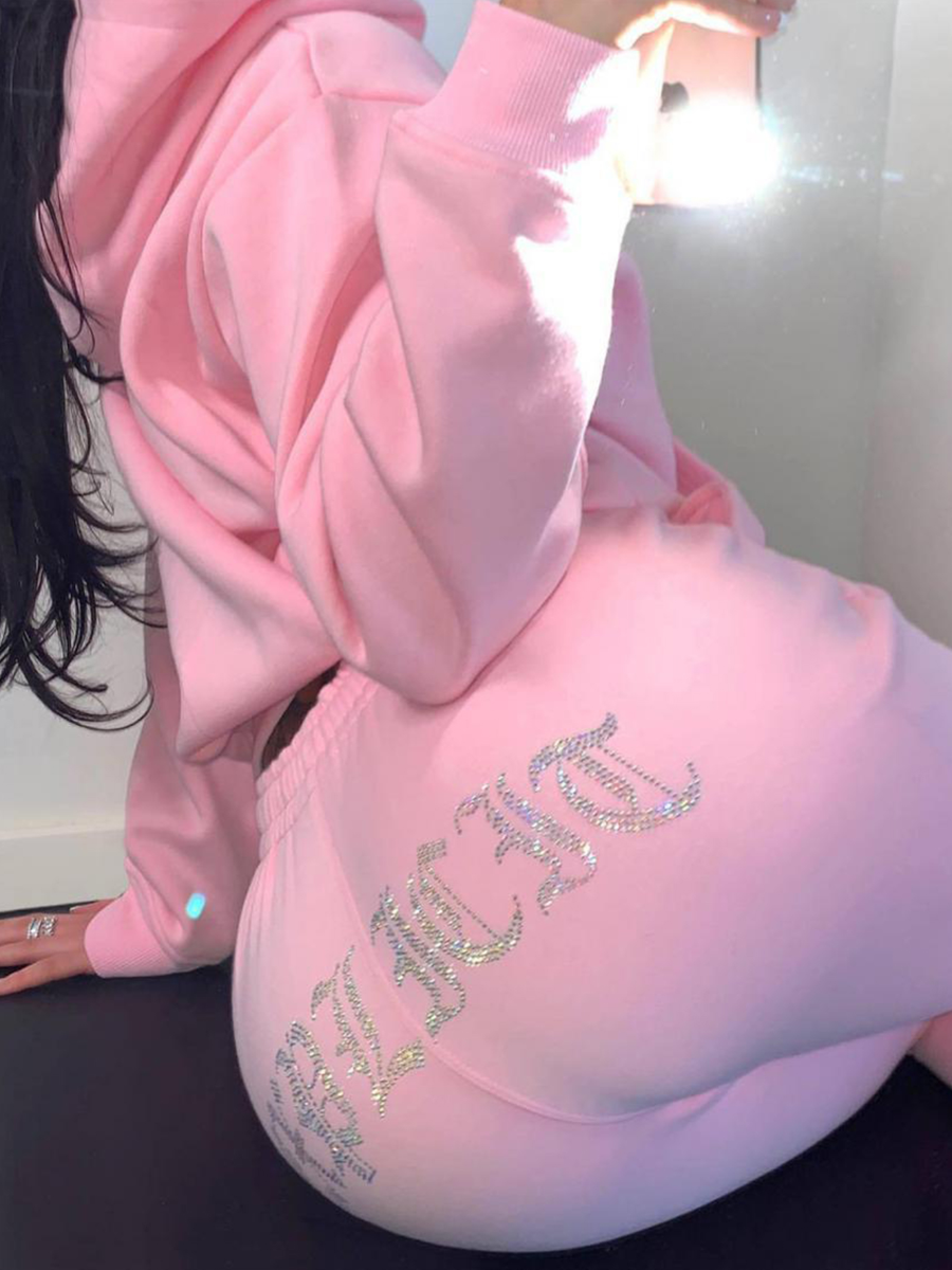 LW Rhinestone Letter Kangaroo Pocket Tracksuit Set