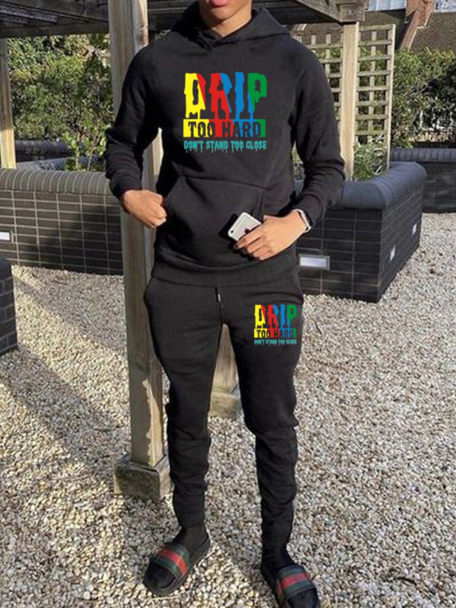 LW Men Letter Print Kangaroo Pocket Tracksuit Set
