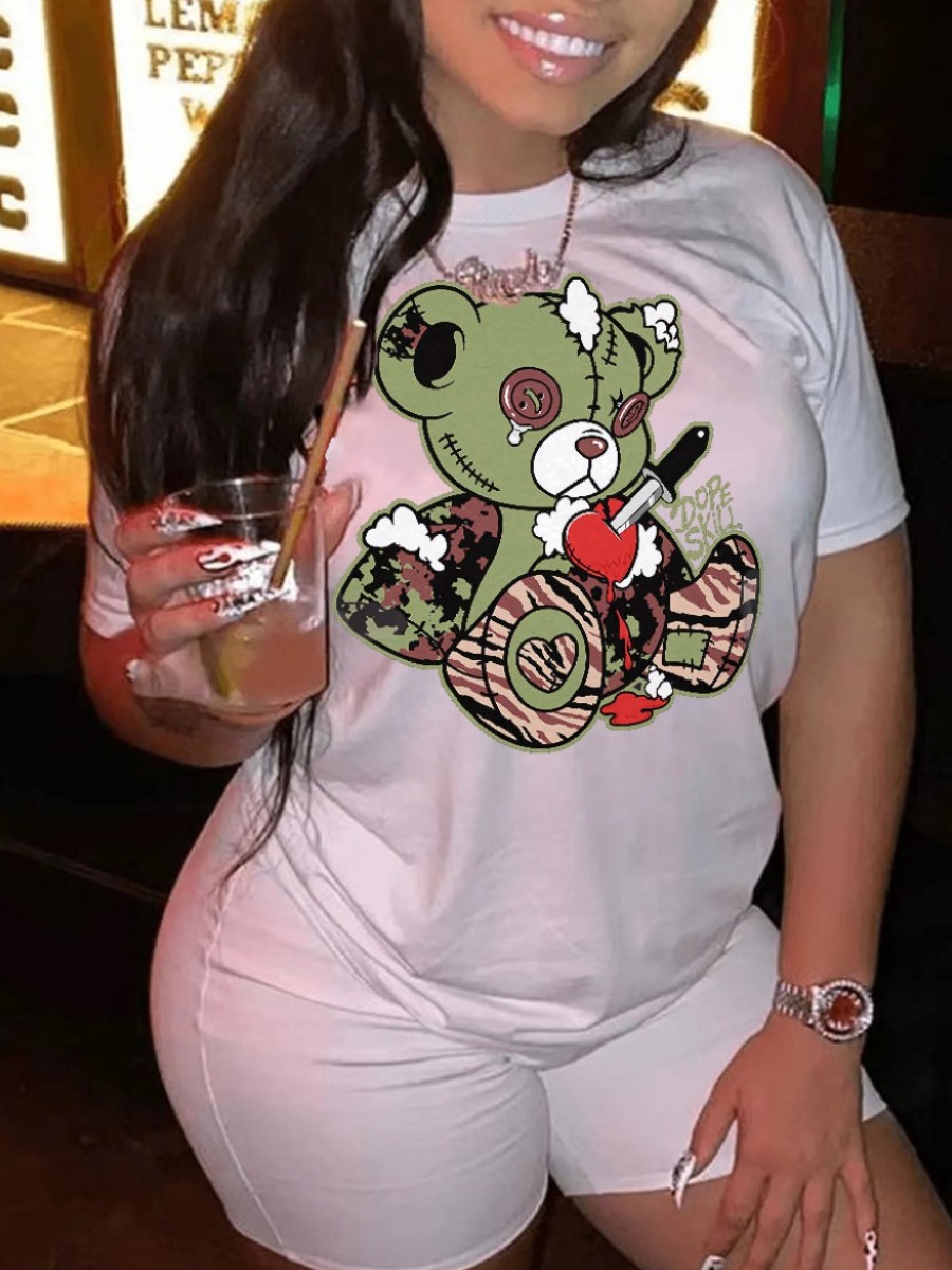 LovelyWholesale Cartoon Print Patchwork T-shirt Summer Short Sleeve Casual Round Neck Spring Summer 2024