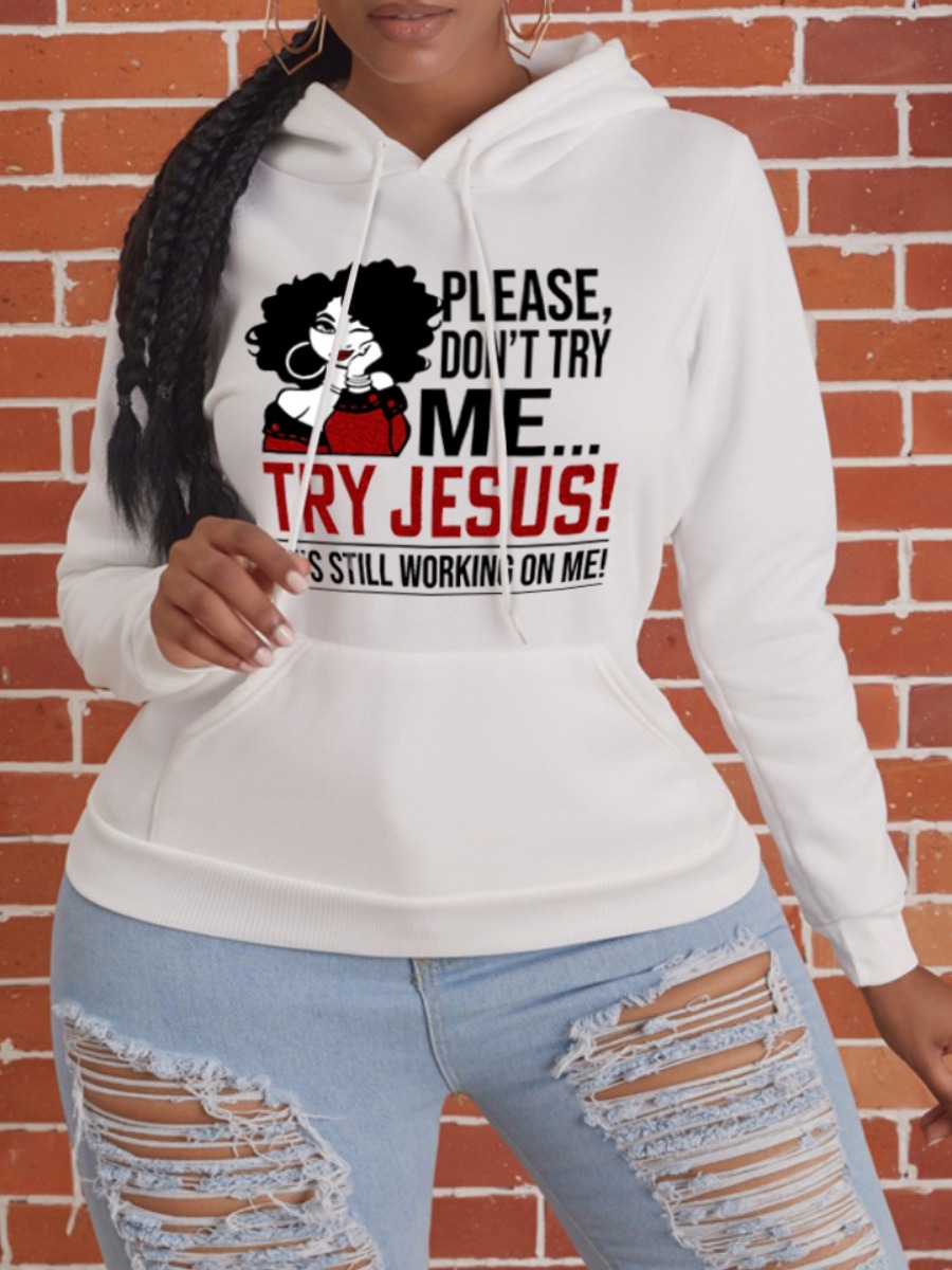 LW Plus Size Figure Letter Print Kangaroo Pocket Hoodie