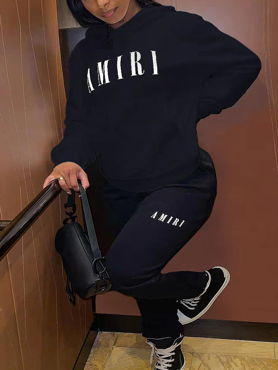 LW Plus Size Letter Print Kangaroo Pocket Tracksuit Set