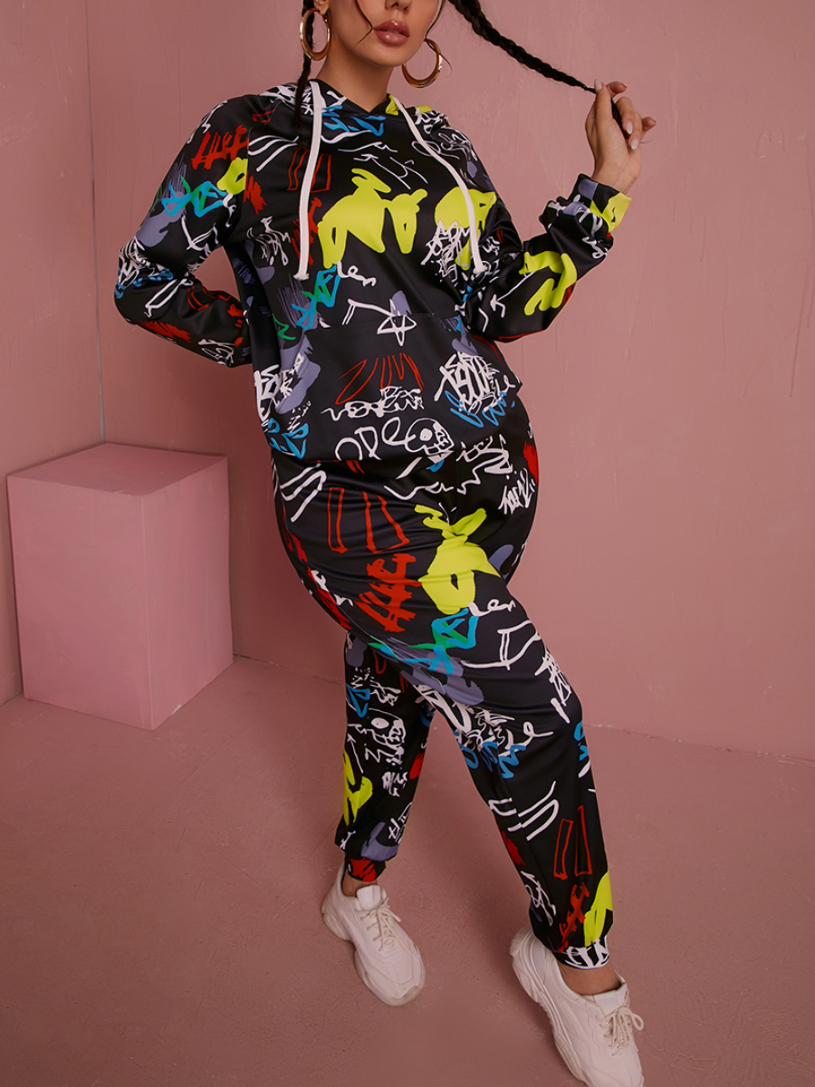LW Hooded Collar Graffiti Print Tracksuit Set