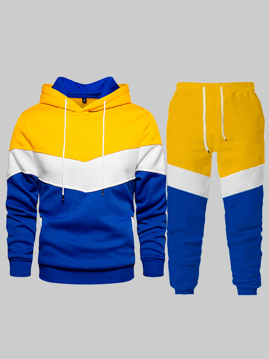 LovelyWholesale Men Hooded Collar Drawstring Patchwork Tracksuit Set Fall Long Sleeve Sporty Patchwork Hooded Collar Spring Summer 2024