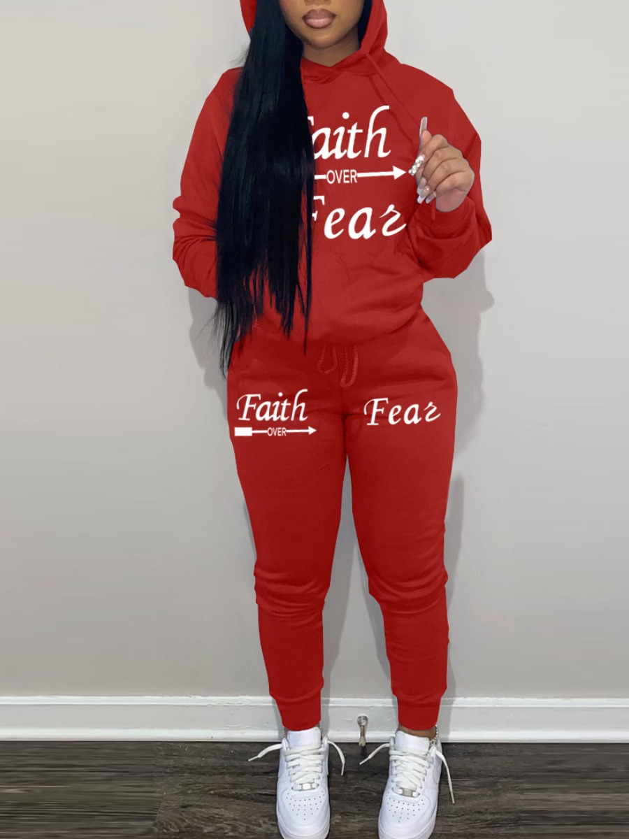 LovelyWholesale Faith Over Fear Letter Print Tracksuit Set Fall Long Sleeve Casual Hooded Collar Spring Summer 2024