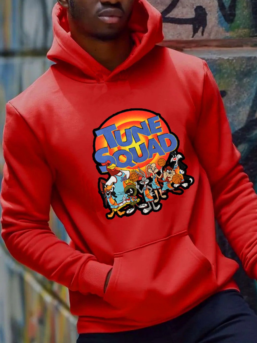 LW Men Cartoon Print Kangaroo Pocket Hoodie