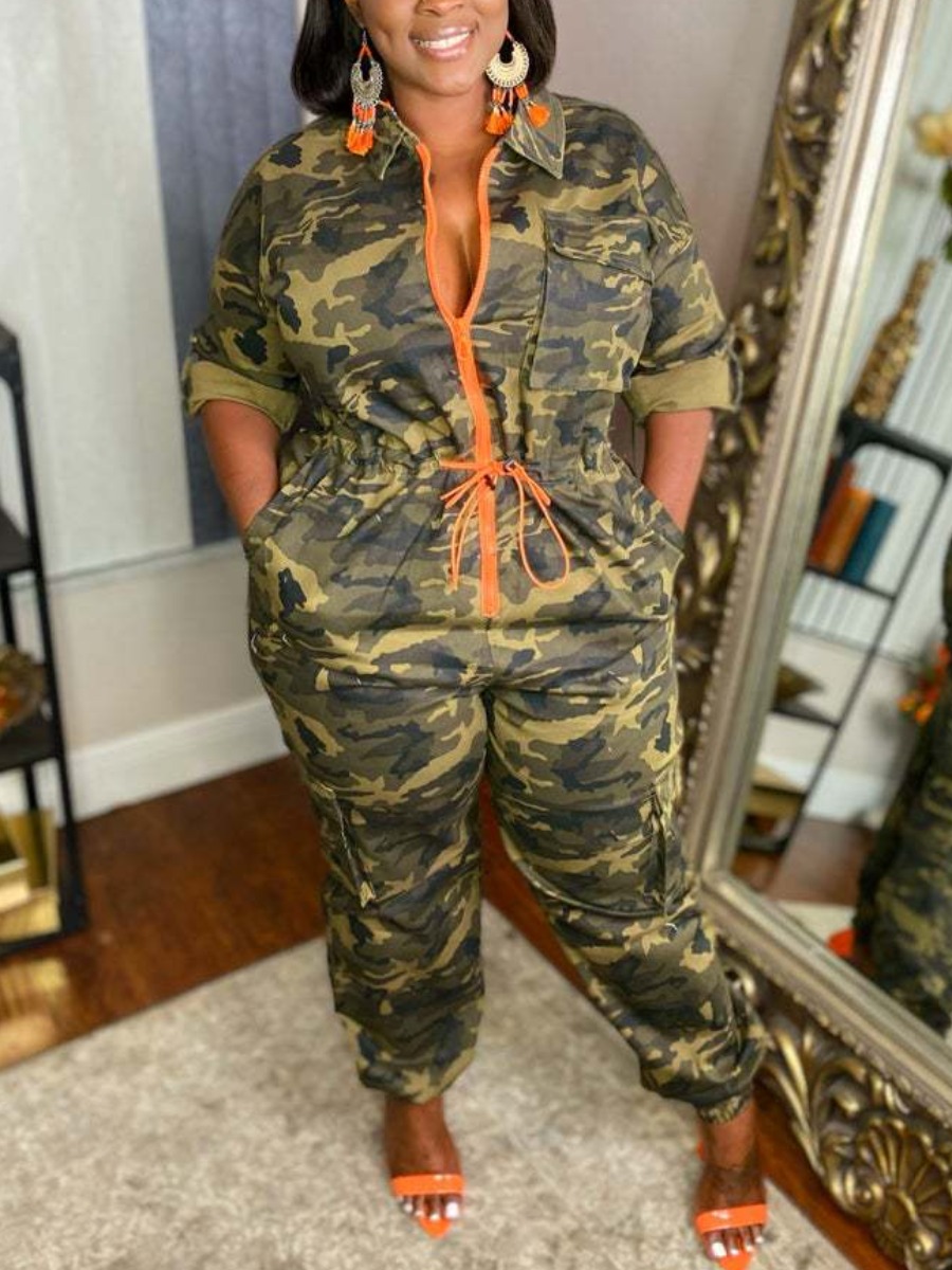 LW Plus Size Camo Print Drawstring Jumpsuit