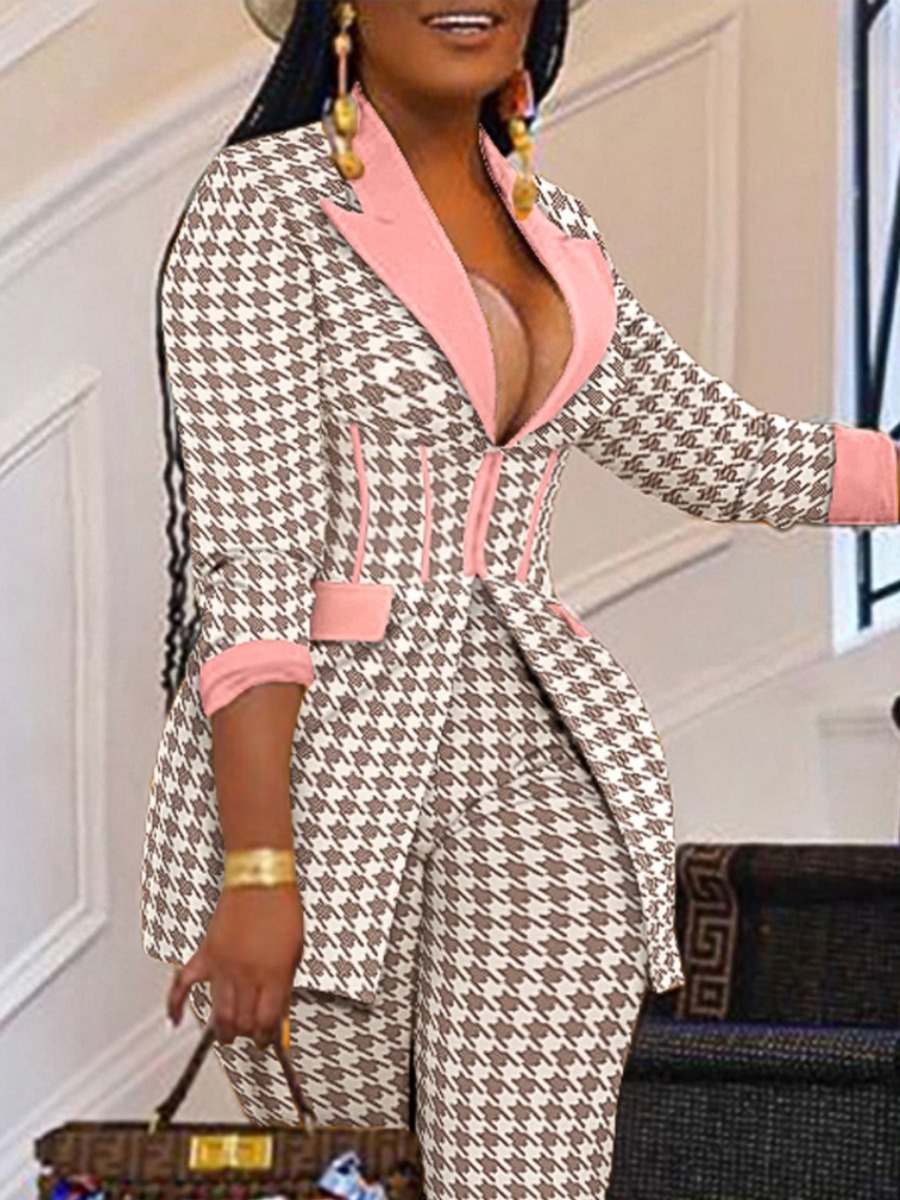 LovelyWholesale Plus Size Houndstooth Blazer Pants Set Fall Long Sleeve Casual Basic Lapel Neck  5X Spring Summer 2024