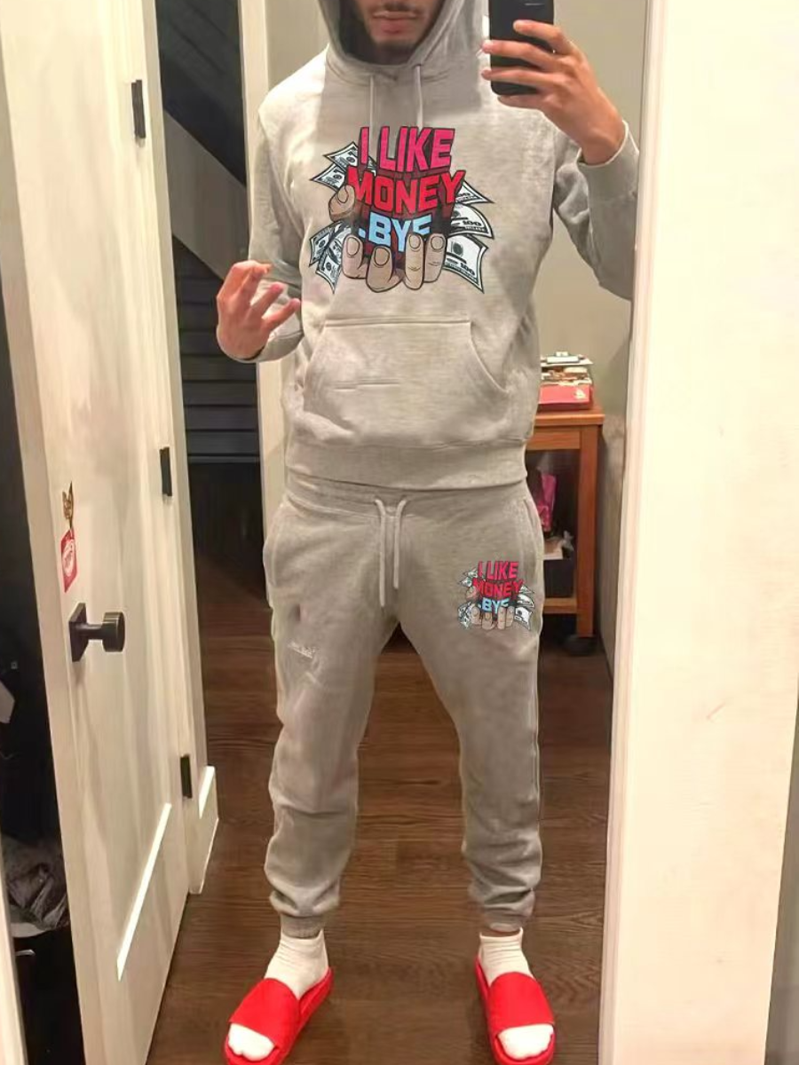 LW Men Money Letter Print Kangaroo Pocket Tracksuit Set
