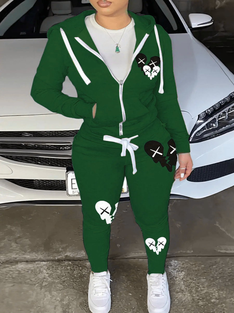 LW Heart Print Kangaroo Pocket Tracksuit Set